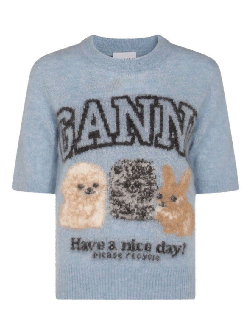 Ganni Light Blue Alpaca Logo Sweater With Embroidered Design