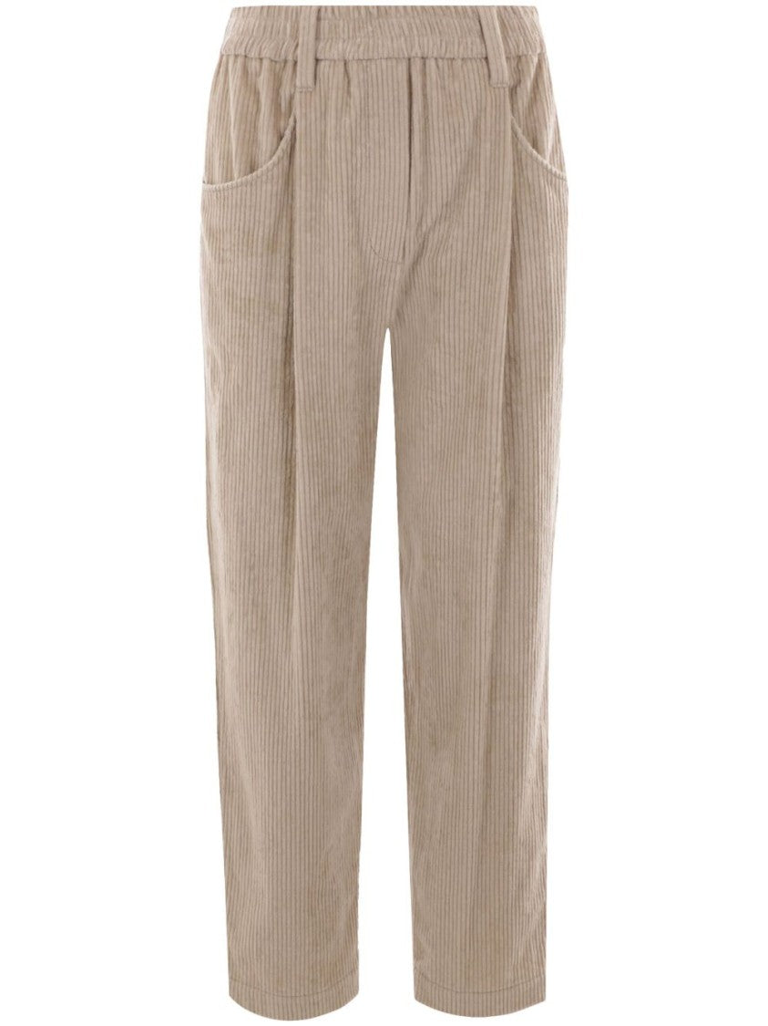 Brunello Cucinelli Relaxed Fit Beige Corduroy Trousers With Elastic Waistband