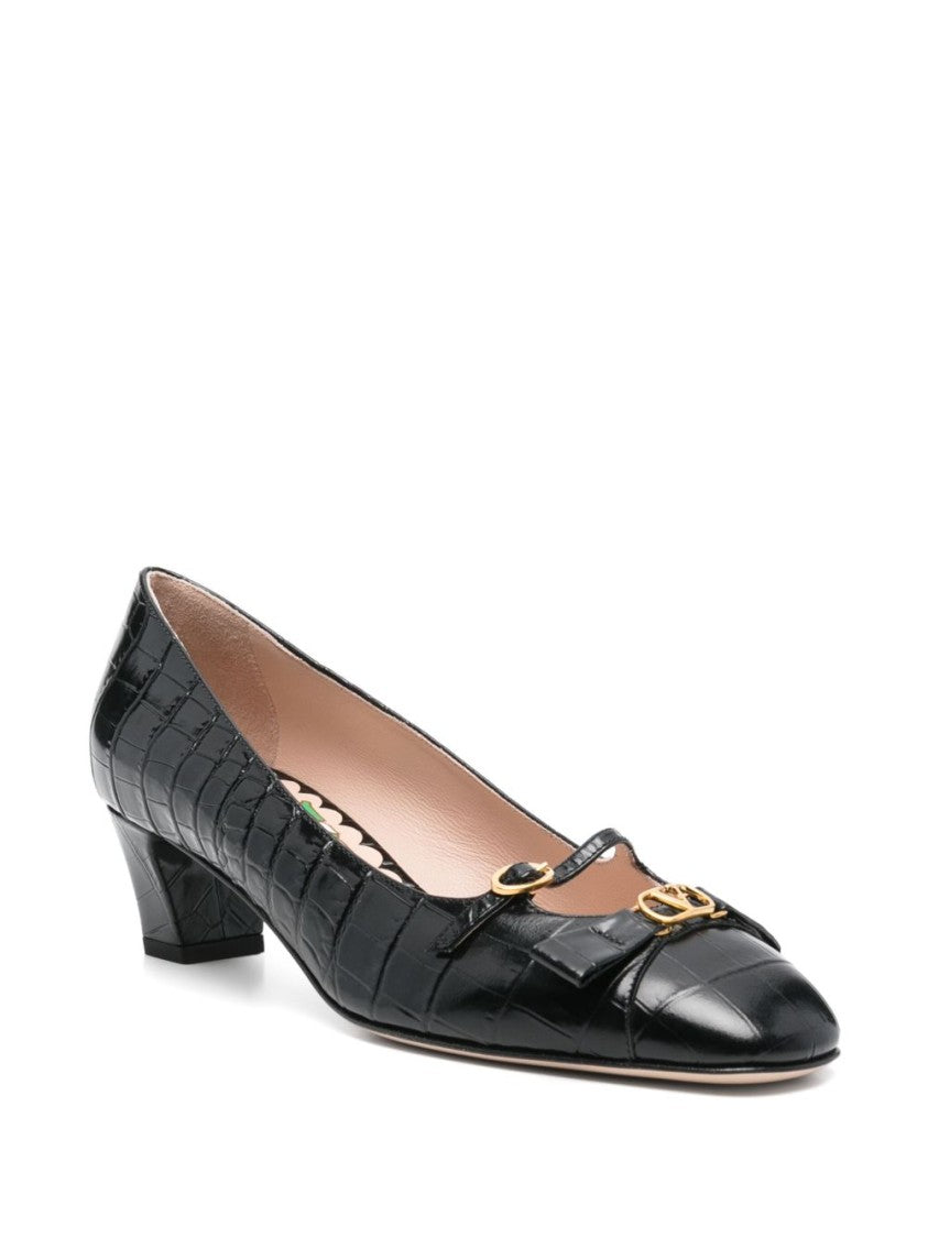 Valentino Garavani Bow Detail Black Crocodile-Embossed Leather Heels