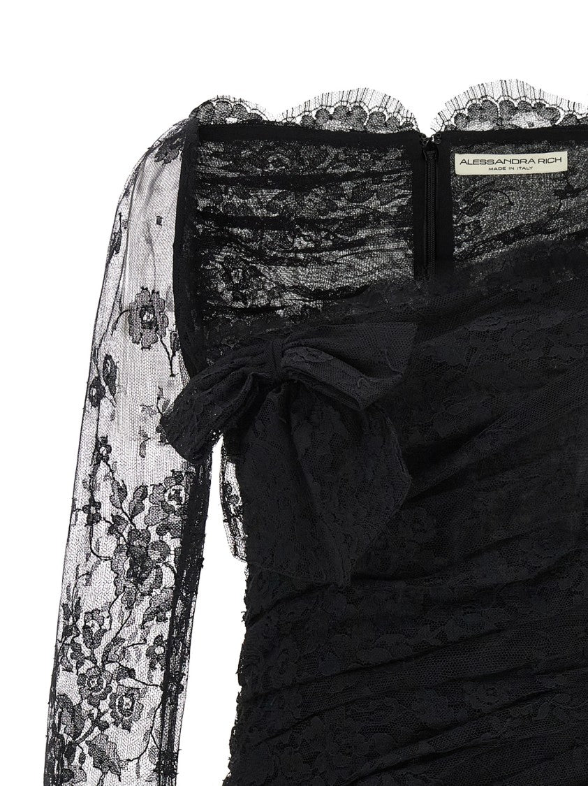 Alessandra Rich Draped Lace Mini Dress With Plunging Neckline