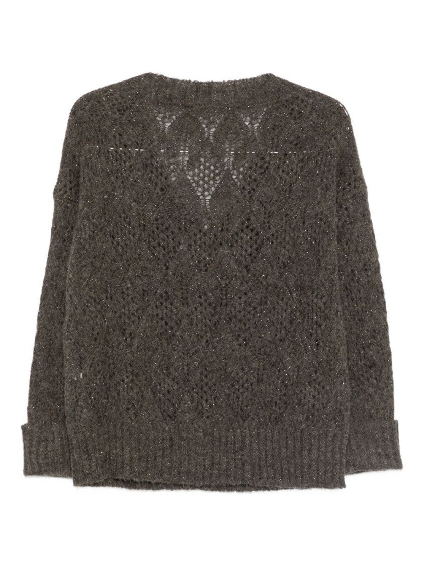 Dexterior Textured Openwork Brown Sweater With Relaxed Fit