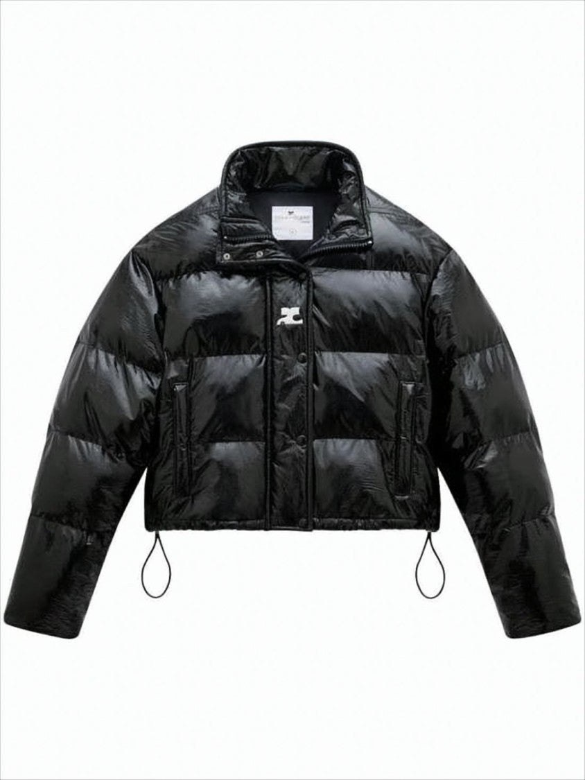 Courrèges Cropped Black Puffer Jacket With Glossy Finish And Adjustable Hem