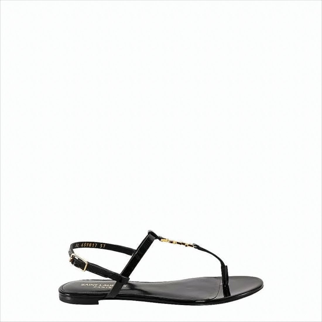 Saint Laurent Minimalist Black Calfskin Sandals With Gold-Tone Logo