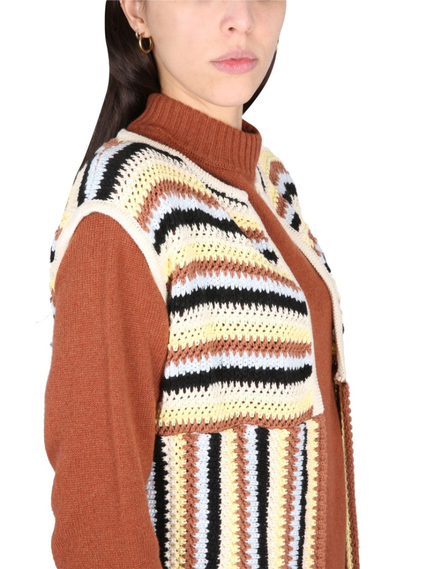 Alysi Open Front Striped Long Vest With Textured Knit