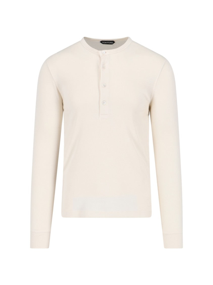 Tom Ford Ribbed White Henley Top With Buttoned Placket