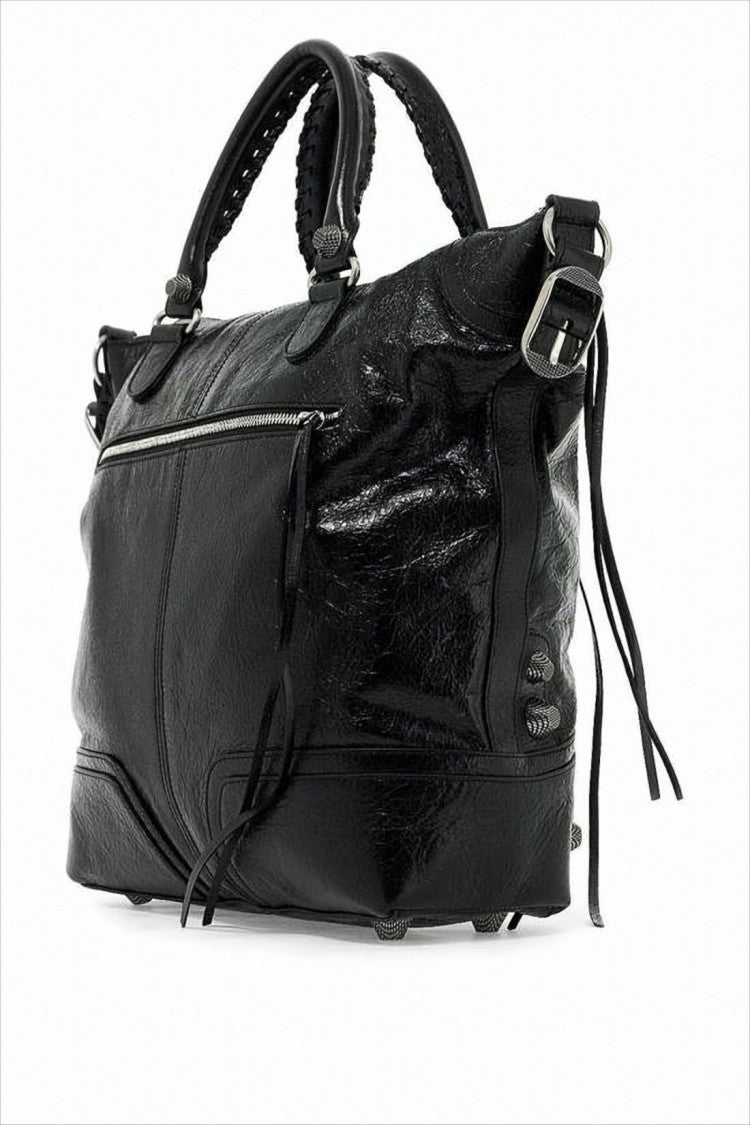 Balenciaga Textured Black Lambskin Tote Bag With Edgy Hardware And Detachable Pouch