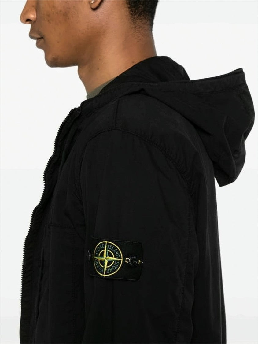 Stone Island Black Casual Jacket With Hood And Signature Patch