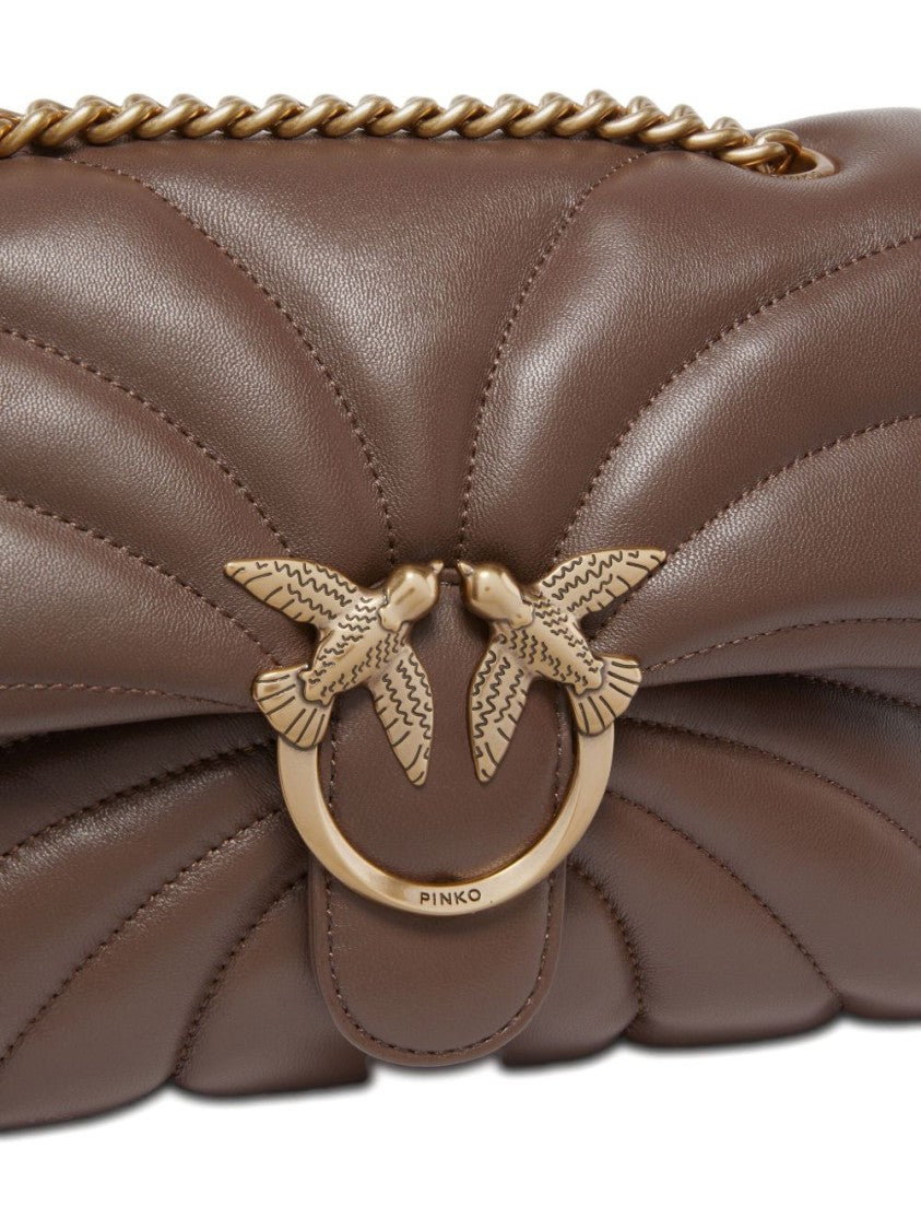Pinko Quilted Brown Bag With Love Birds Embellishment And Chain Strap
