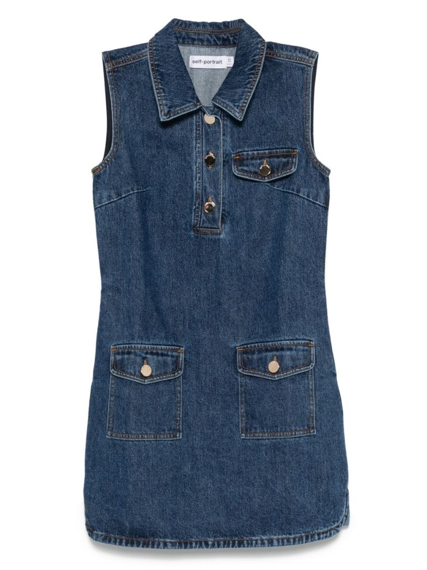 Self-Portrait Indigo Blue Sleeveless Mini Dress With Classic Spread Collar