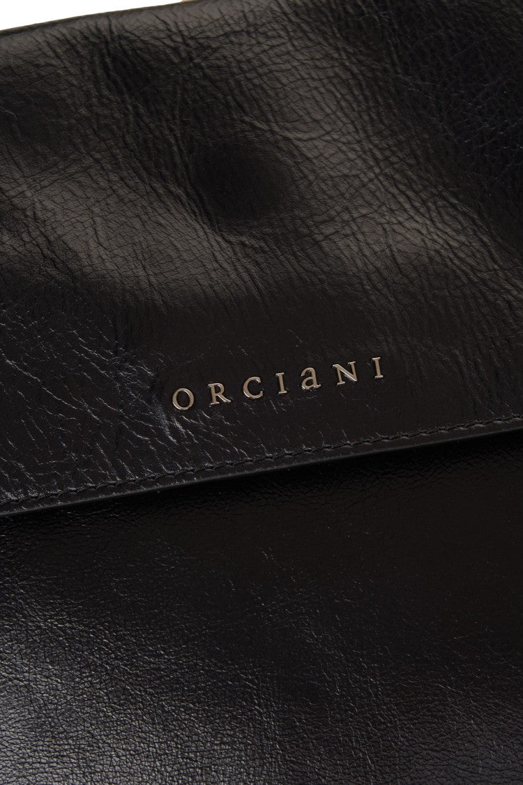 Orciani Polished Black Smooth Leather Shoulder Bag With Chain Straps
