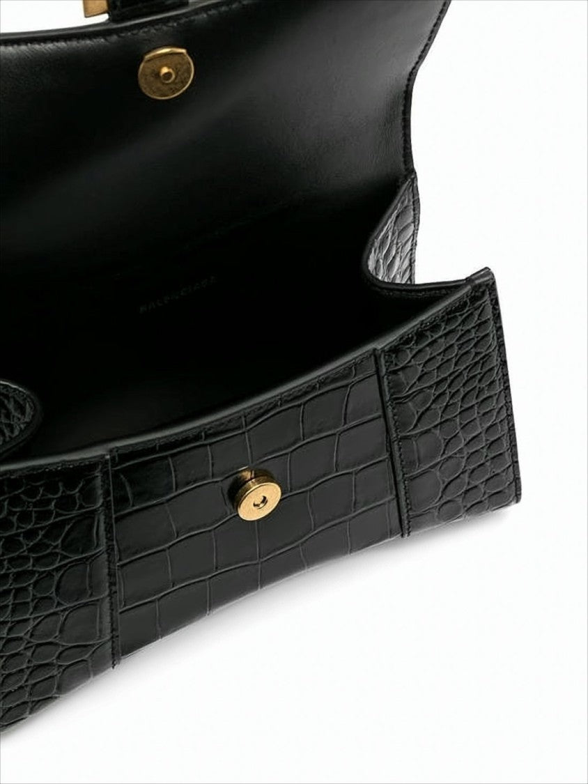 Balenciaga Glossy Black Crocodile-Embossed Shoulder Bag With Gold Logo Clasp
