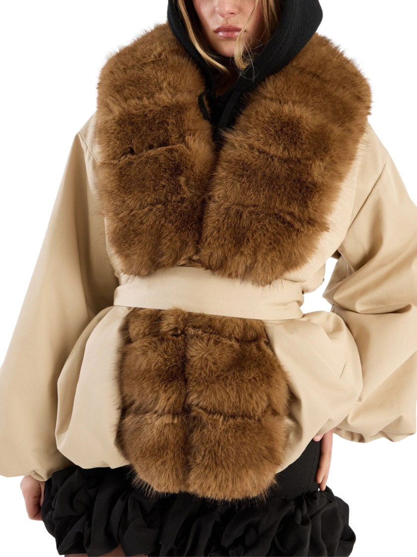 Rotate Voluminous Beige Jacket With Plush Fur Collar