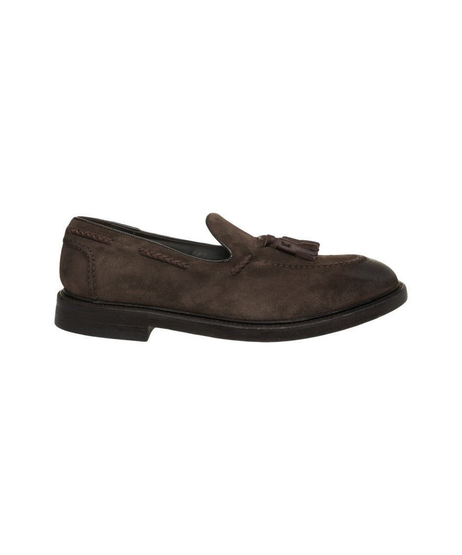 Green George Suede Loafers With Tassel Details And Intricate Stitching