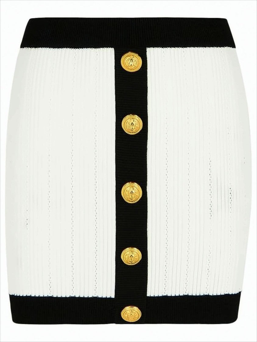 Balmain Ribbed White Mini Skirt With Ornate Gold Buttons