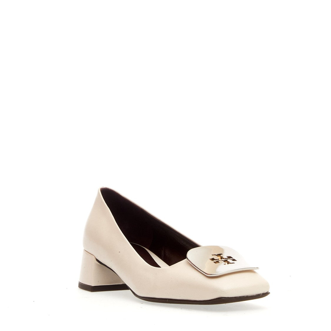 Tory Burch Pump Cream Leather Silver Logo Buckle Heel 40