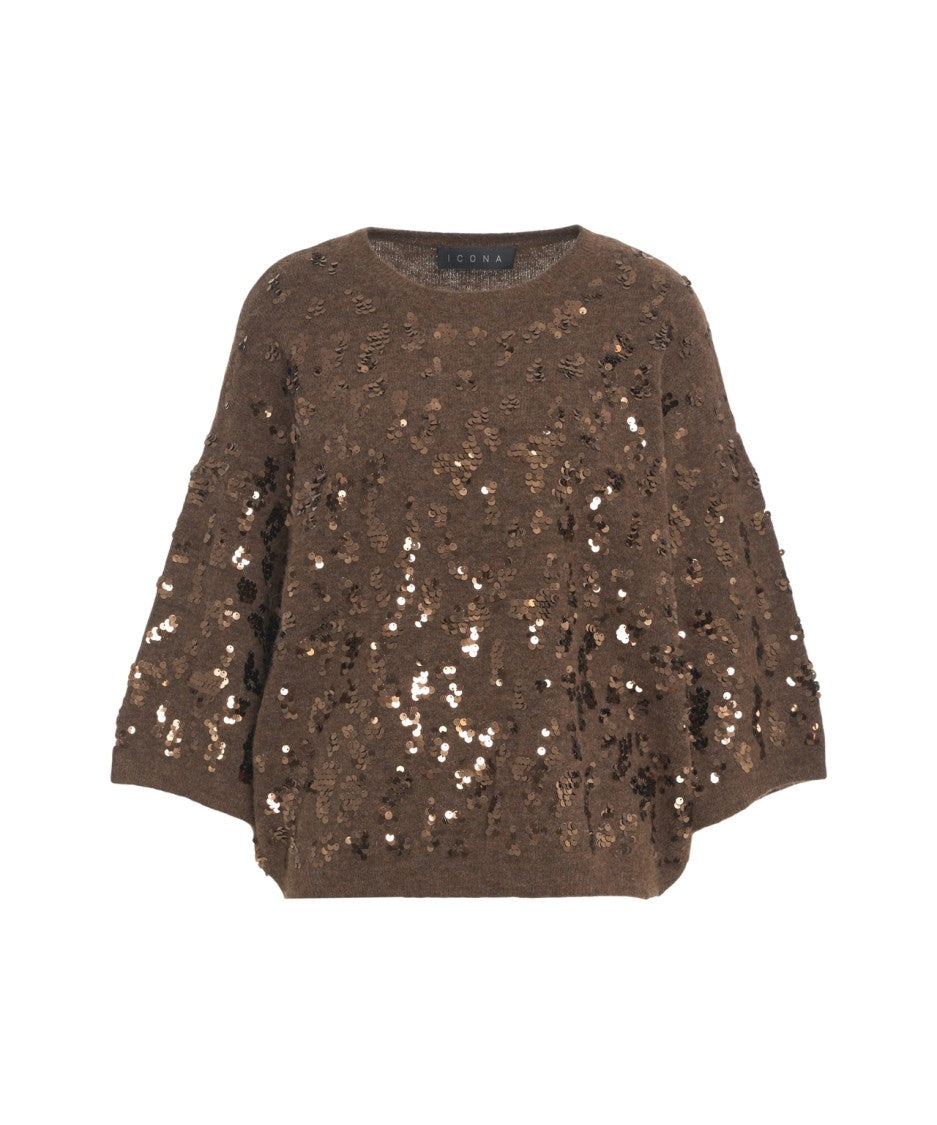 Kaos Brown Oversized Sweater With Sequin Embellishment