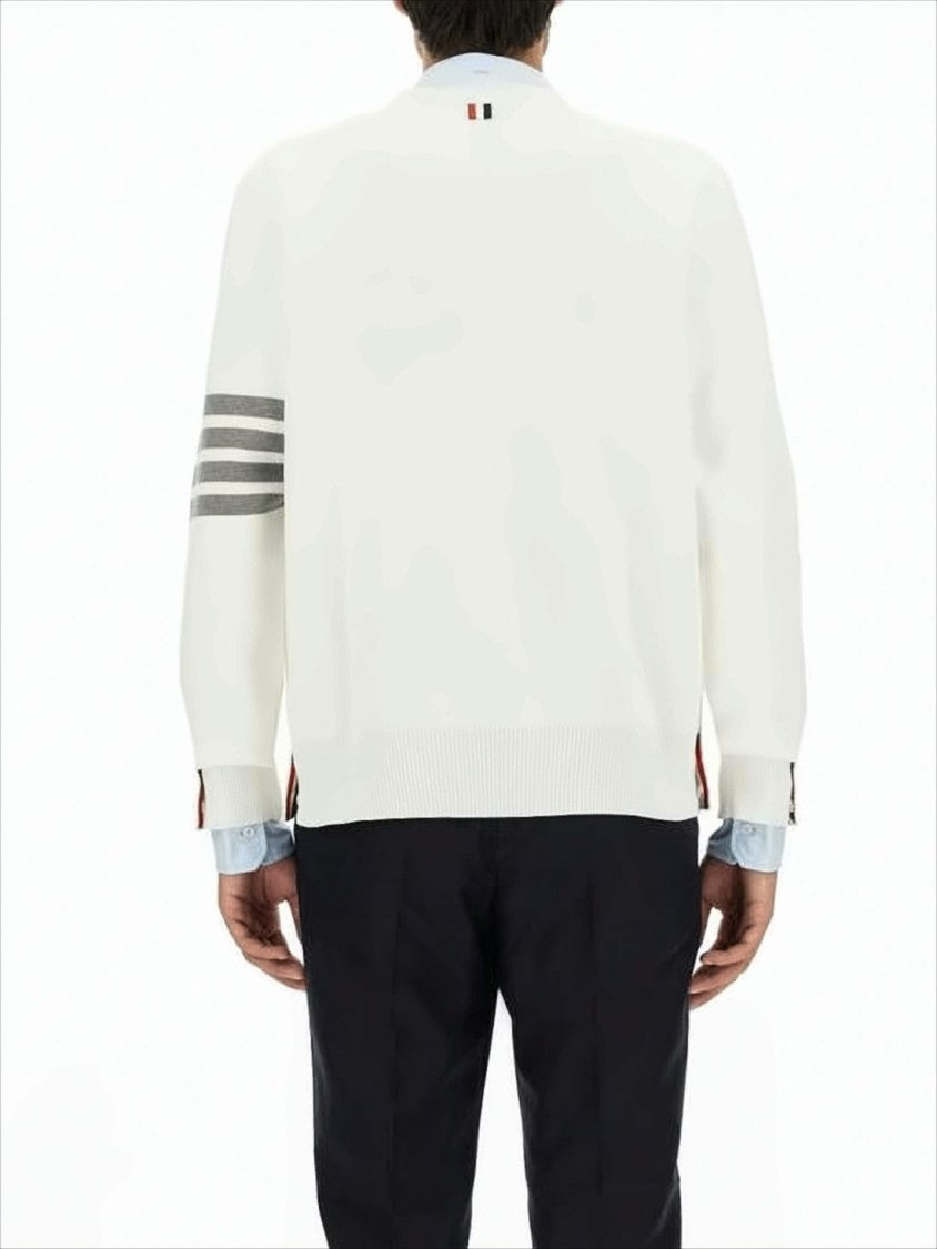 Thom Browne Minimalist White Cotton Cardigan With Ribbed Cuffs And Tricolor Detail
