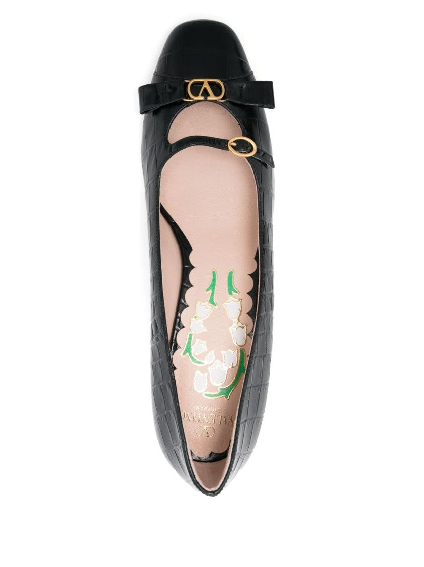 Valentino Garavani Bow Detail Black Crocodile-Embossed Leather Heels