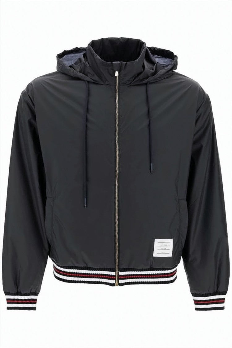 Thom Browne Lightweight Nylon Jacket With Hood And Striped Detailing