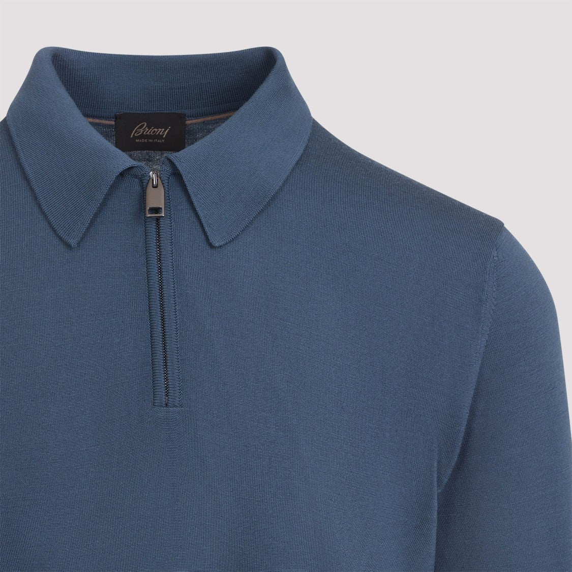 Brioni Long-Sleeve Zip Polo In Nile Blue Wool