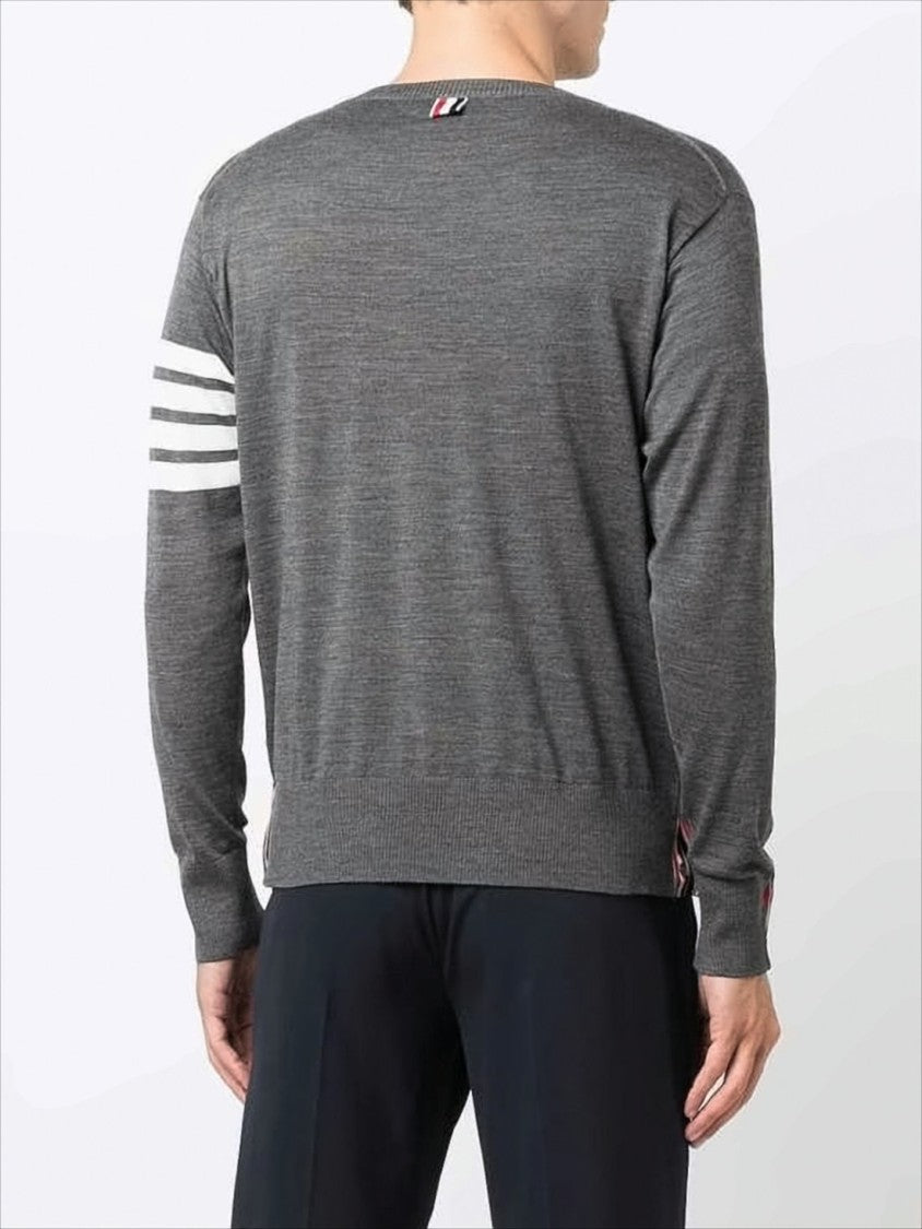 Thom Browne Fine-Knit Grey Merino Wool Sweater With Striped Accent