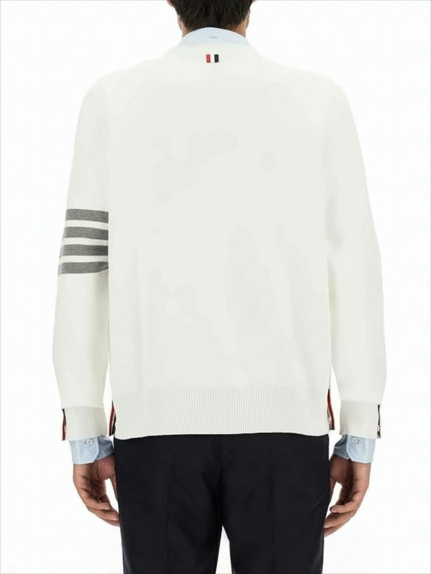 Thom Browne Minimalist White Cotton Cardigan With Ribbed Cuffs And Tricolor Detail