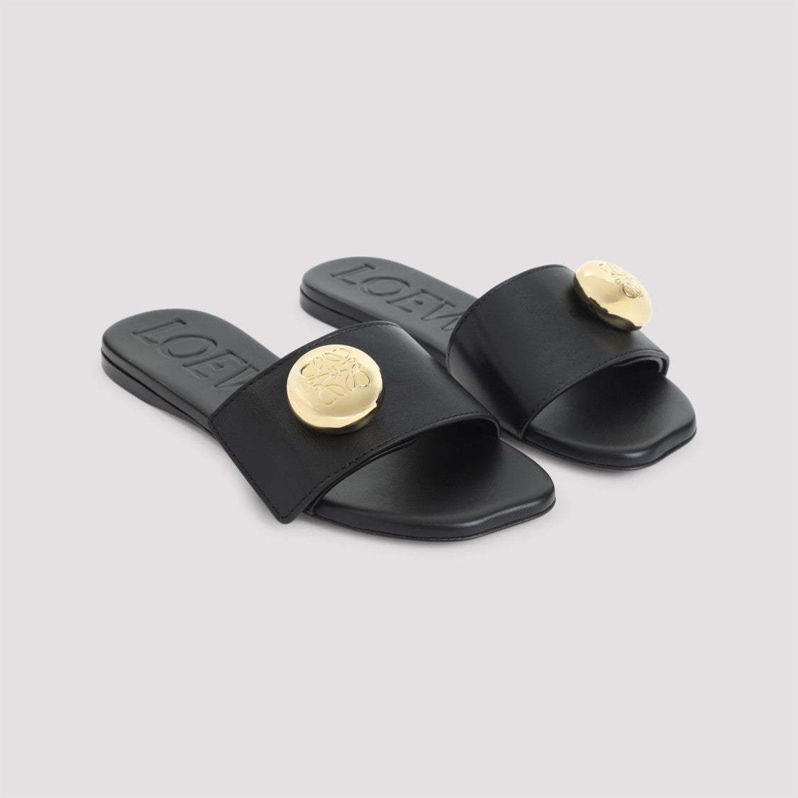 Loewe Elegant Black Calf Leather Sandals With Gold Embellishment