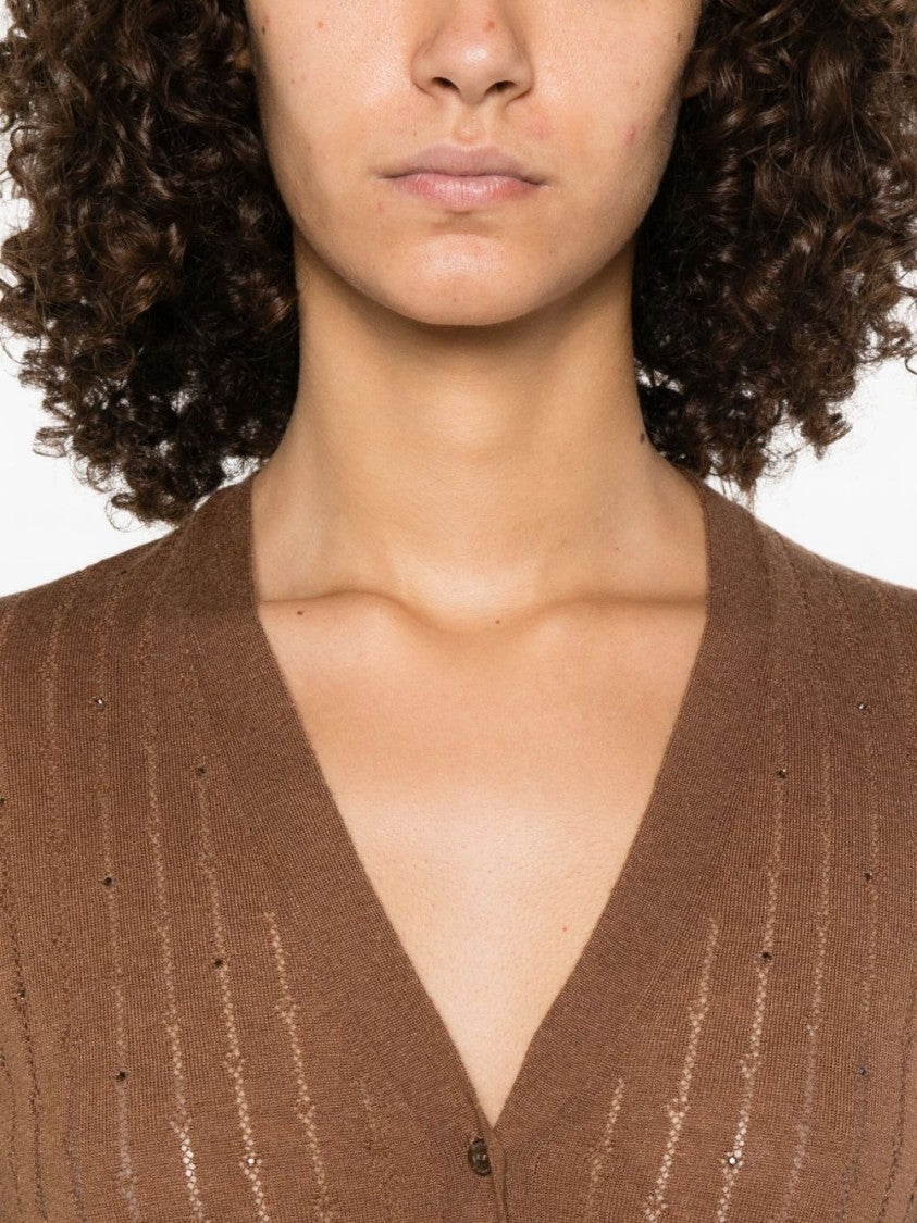 Max Mara V-Neck Brown Sweater With Embellished Detailing