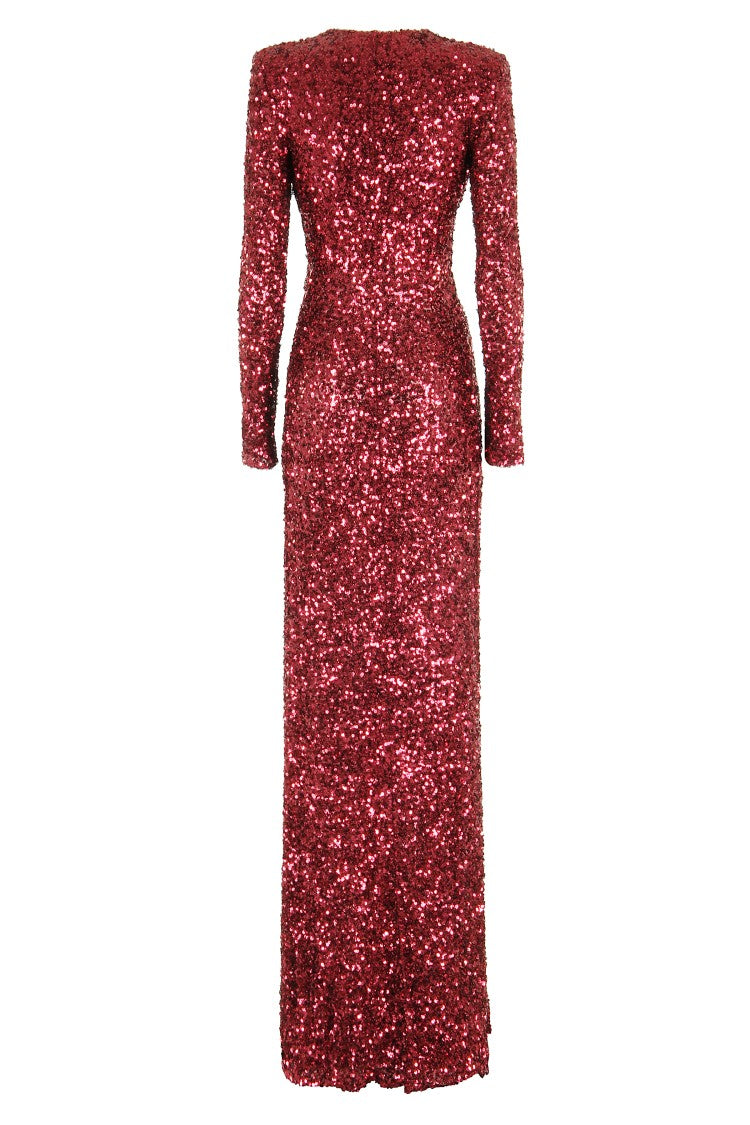 Elisabetta Franchi Bordeaux Sequin Evening Dress With Padded Shoulders