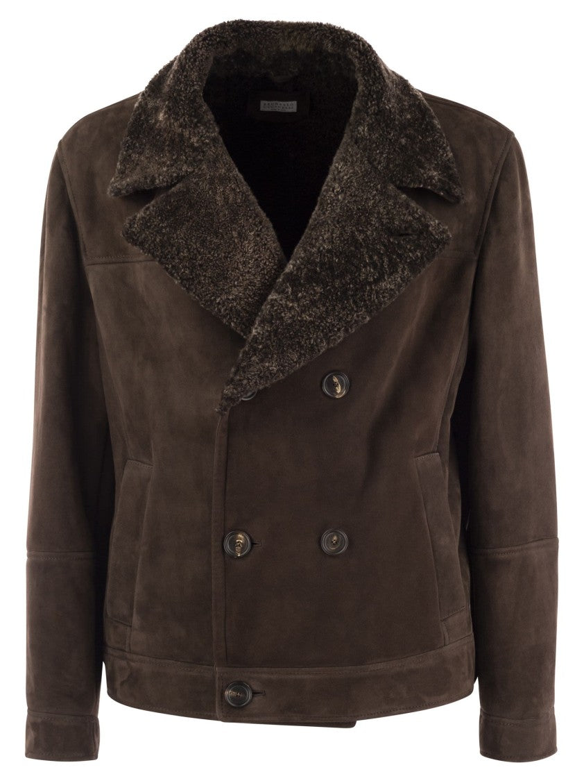 Brunello Cucinelli Double-Breasted Shearling Outerwear With Horn Button Closure