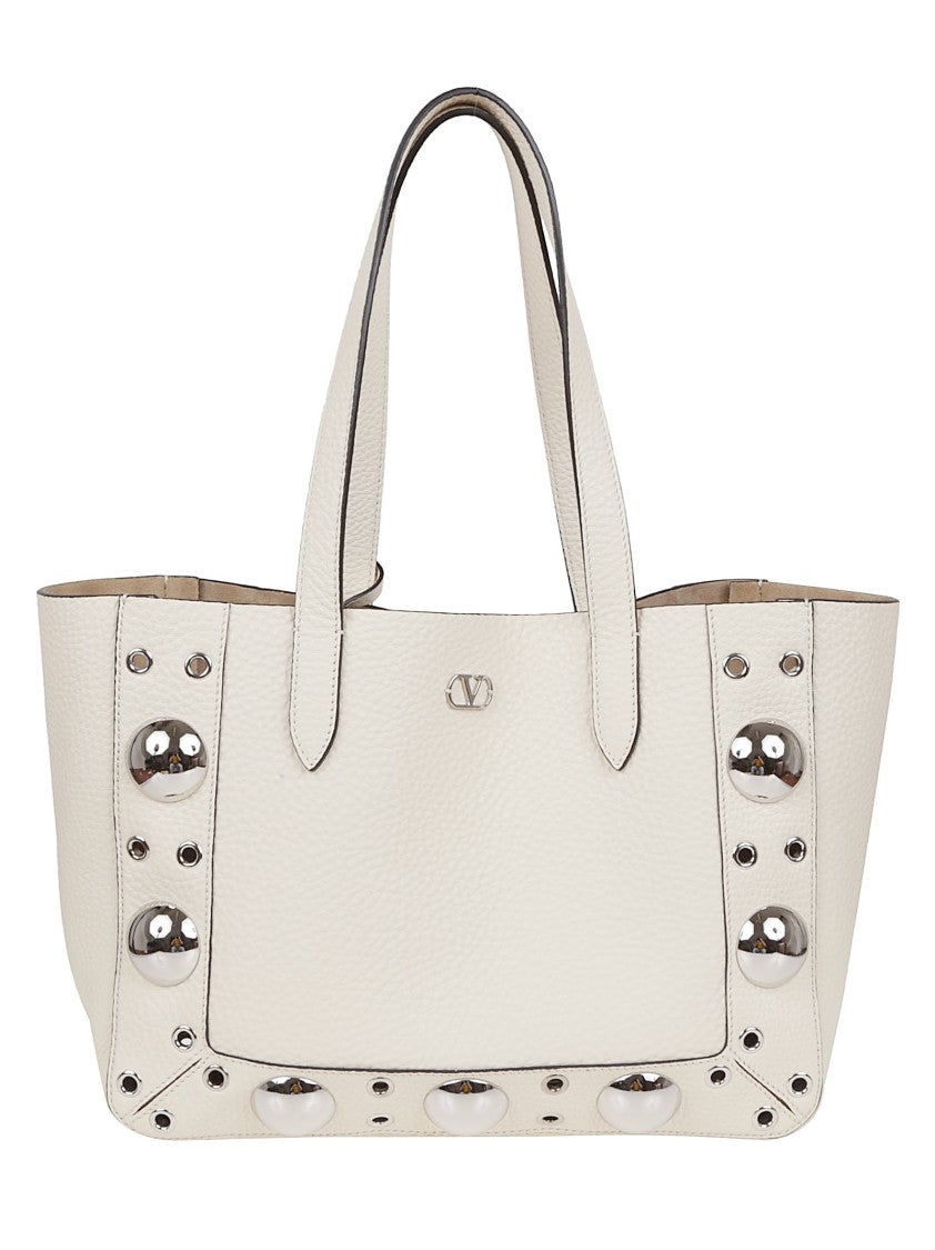 Valentino Garavani Medium Textured Leather Tote With Ball Studs And Signature Logo