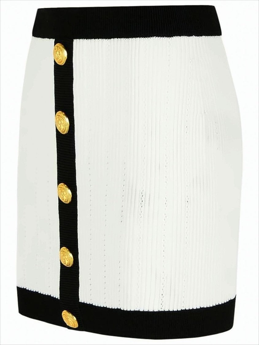 Balmain Ribbed White Mini Skirt With Ornate Gold Buttons