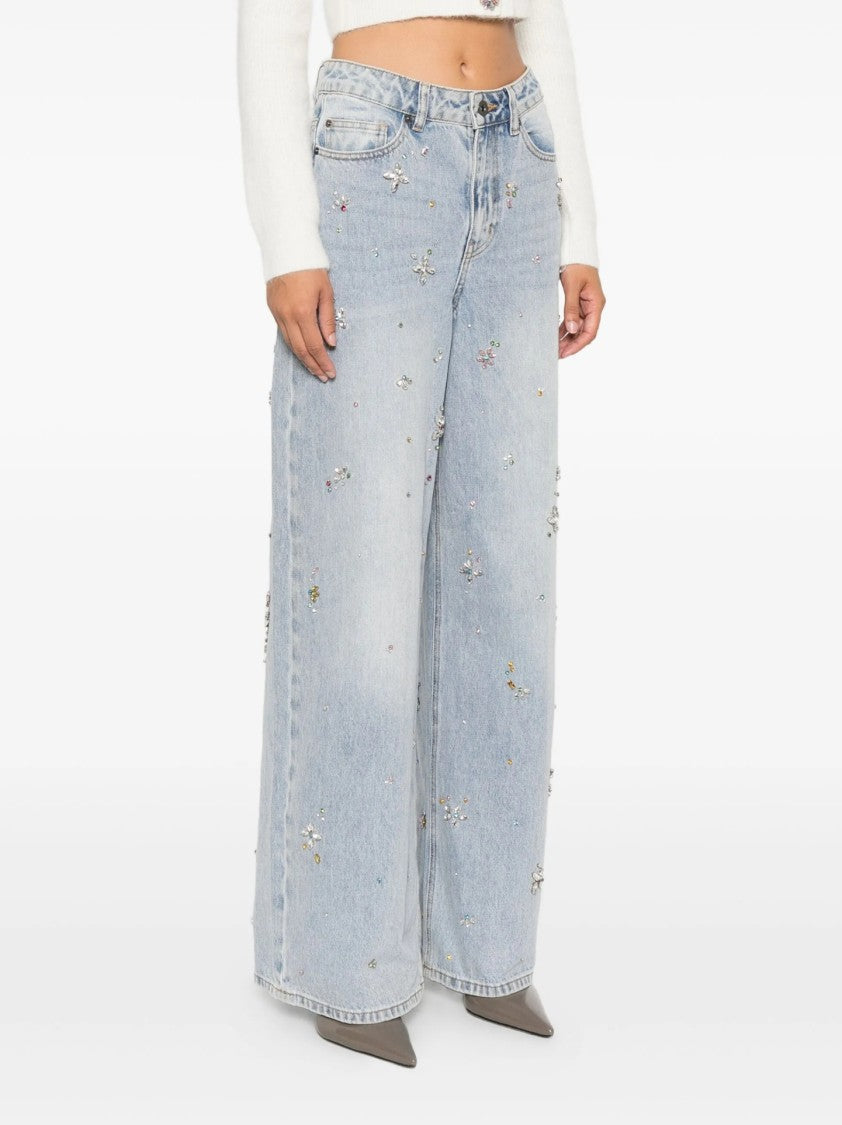 Self-Portrait Wide-Leg Jeans With Floral Embellishments