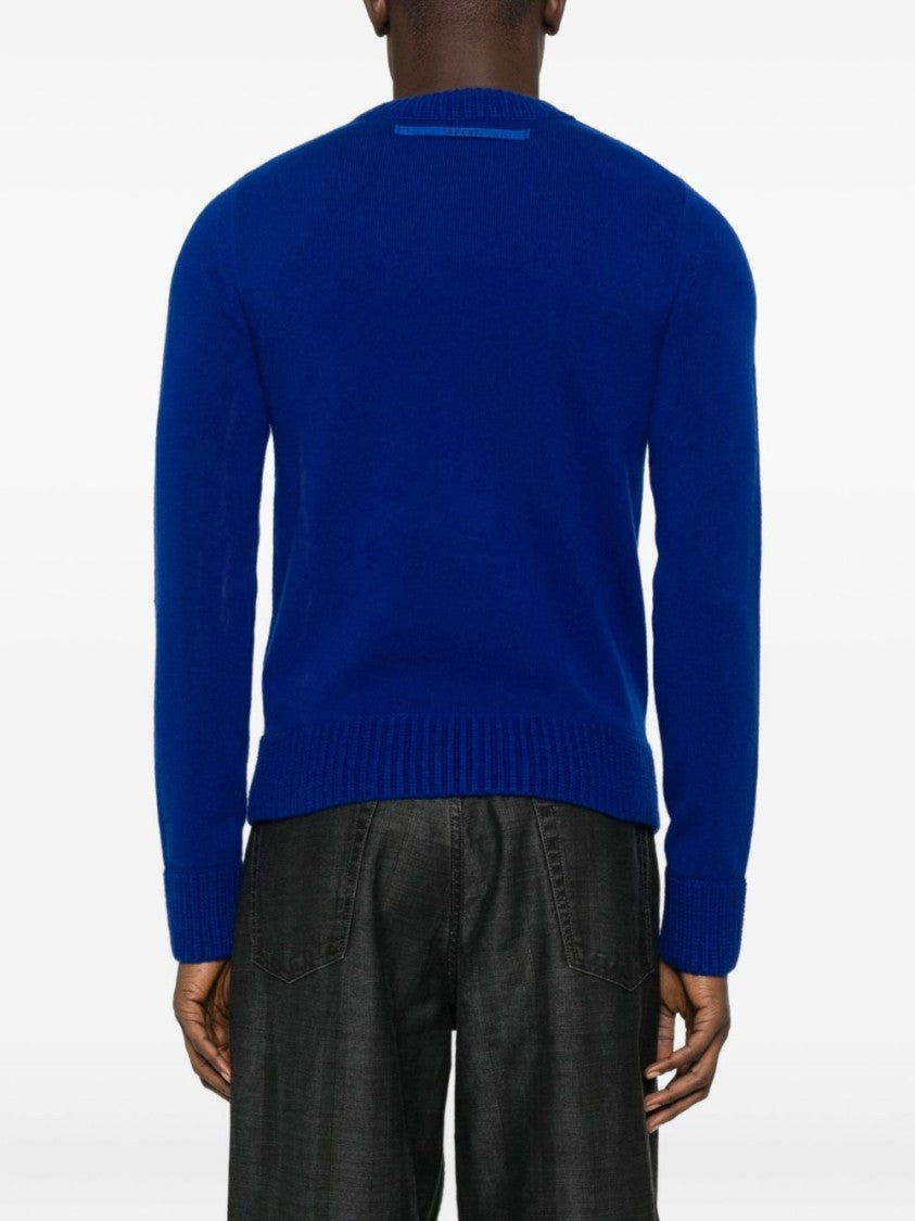 Sacai Solid Blue Sweater With Classic Crew Neckline And Ribbed Detailing