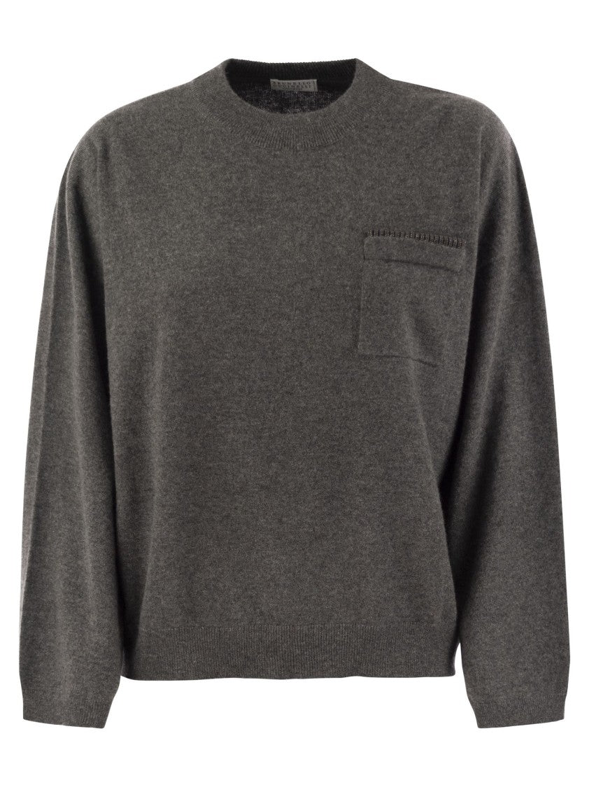 Brunello Cucinelli Cashmere Sweater With Breast Pocket And Necklace
