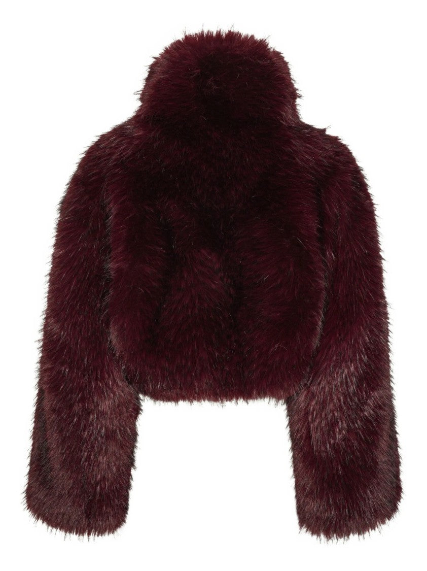 Rotate Cropped Jacket In Plush Burgundy Faux Fur