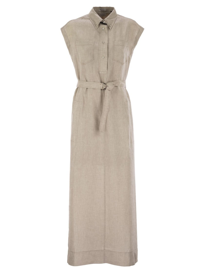 Brunello Cucinelli Dress In Linen With Shiny Collar