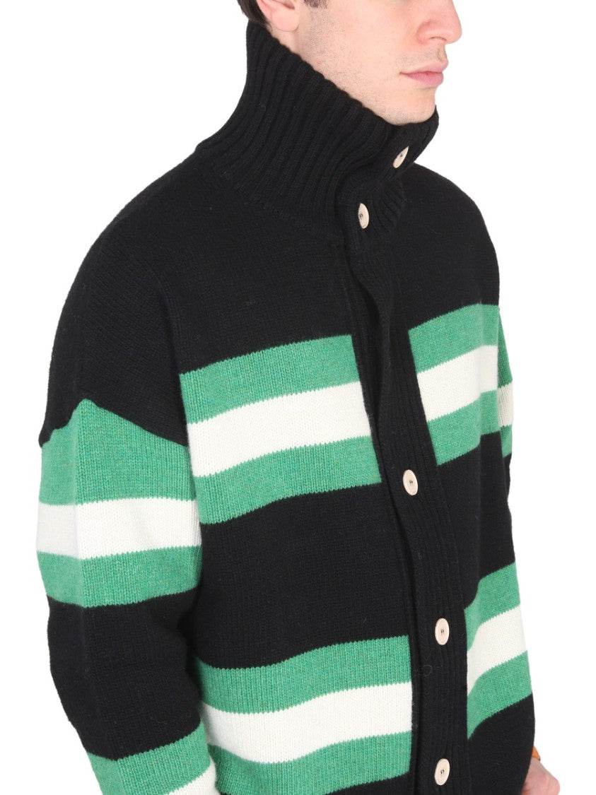 Right For High Neck Button Closure Striped Cardigan