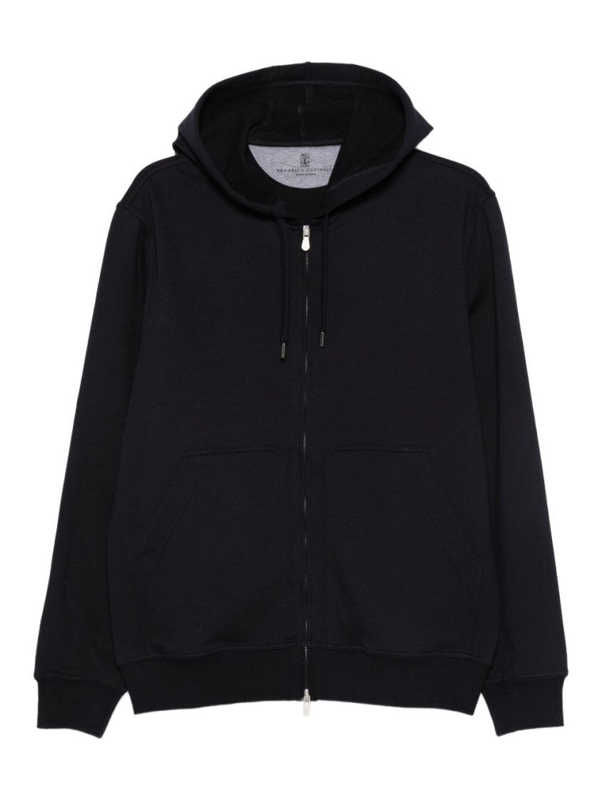 Brunello Cucinelli Black Cotton Sweatshirt With Hood And Zip Closure