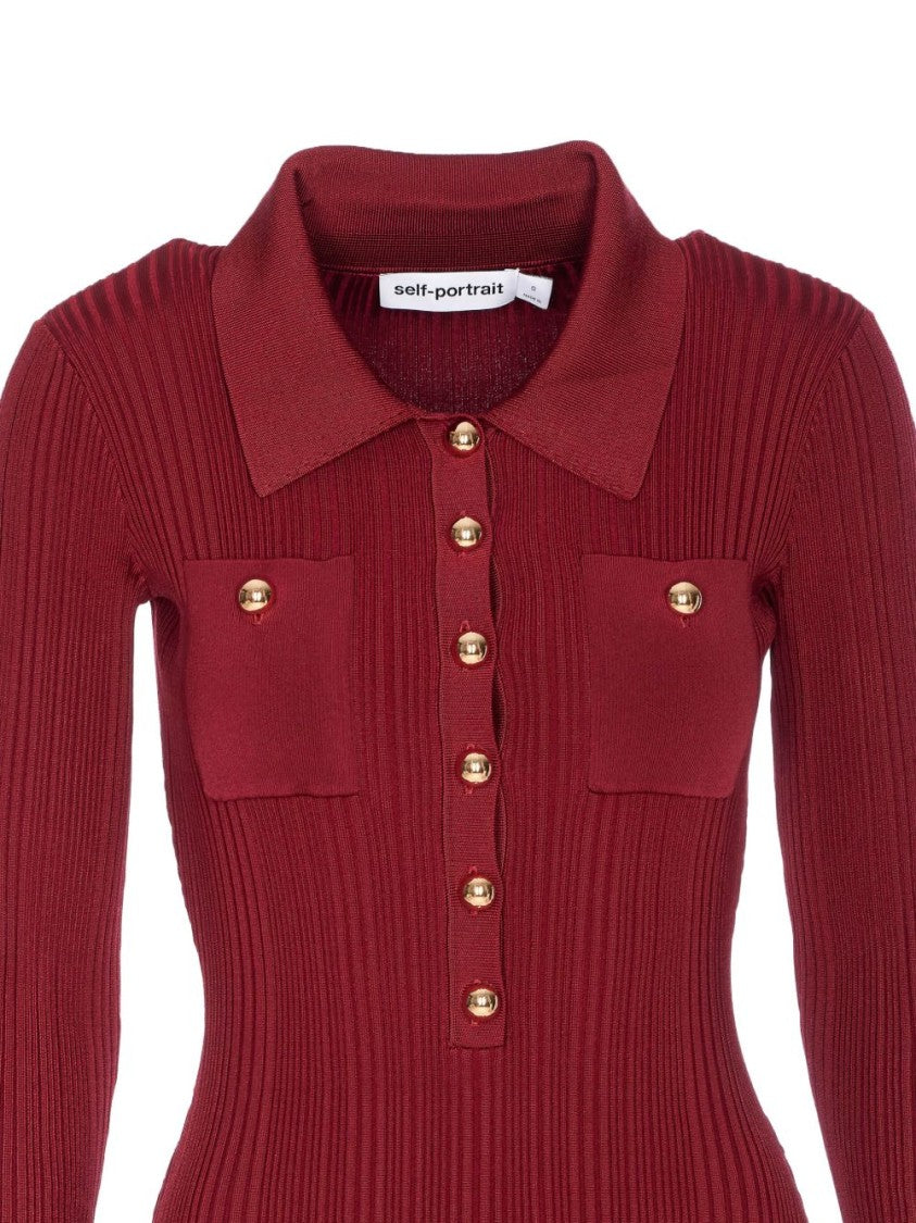 Self-Portrait Burgundy Ribbed Knit Midi Dress With Ruffled Cuffs