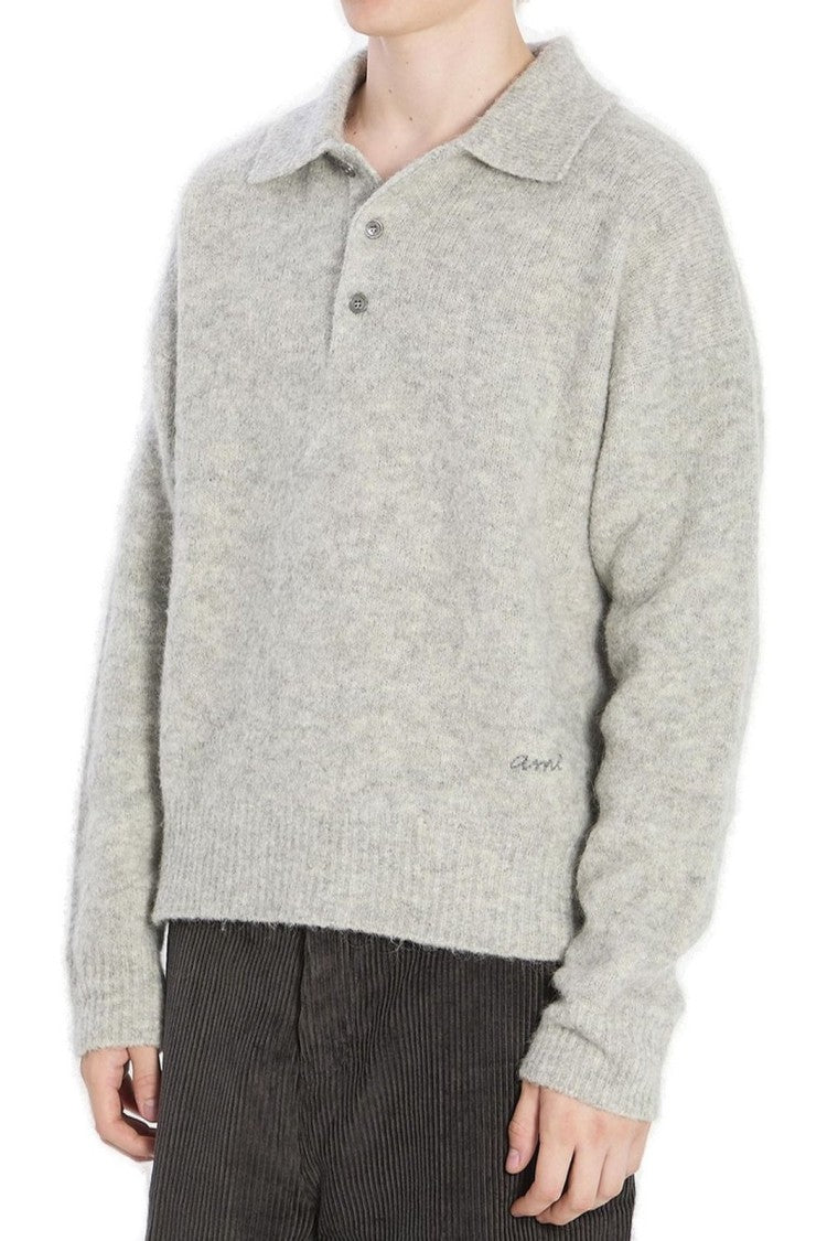 Ami Light Grey Knit Sweater With Polo Collar And Three-Button Placket