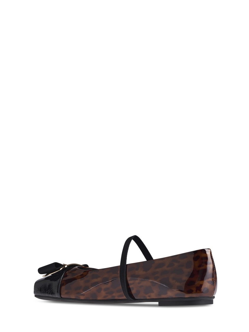 Ferragamo Glossy Patent Flats With Leopard Print And Decorative Bow