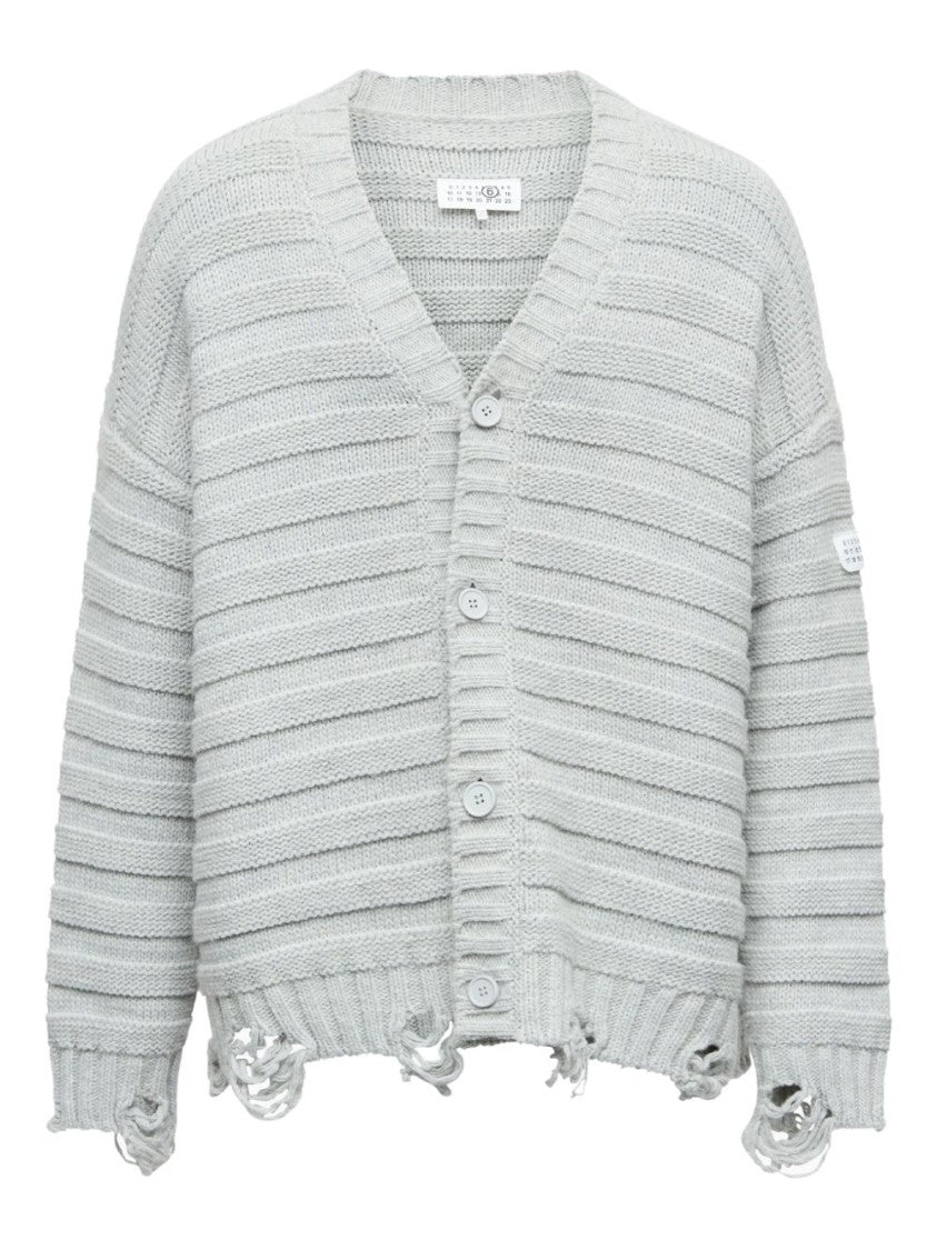 Mm6 By Maison Margiela Textured Ribbed Grey Cardigan With Button-Down Front