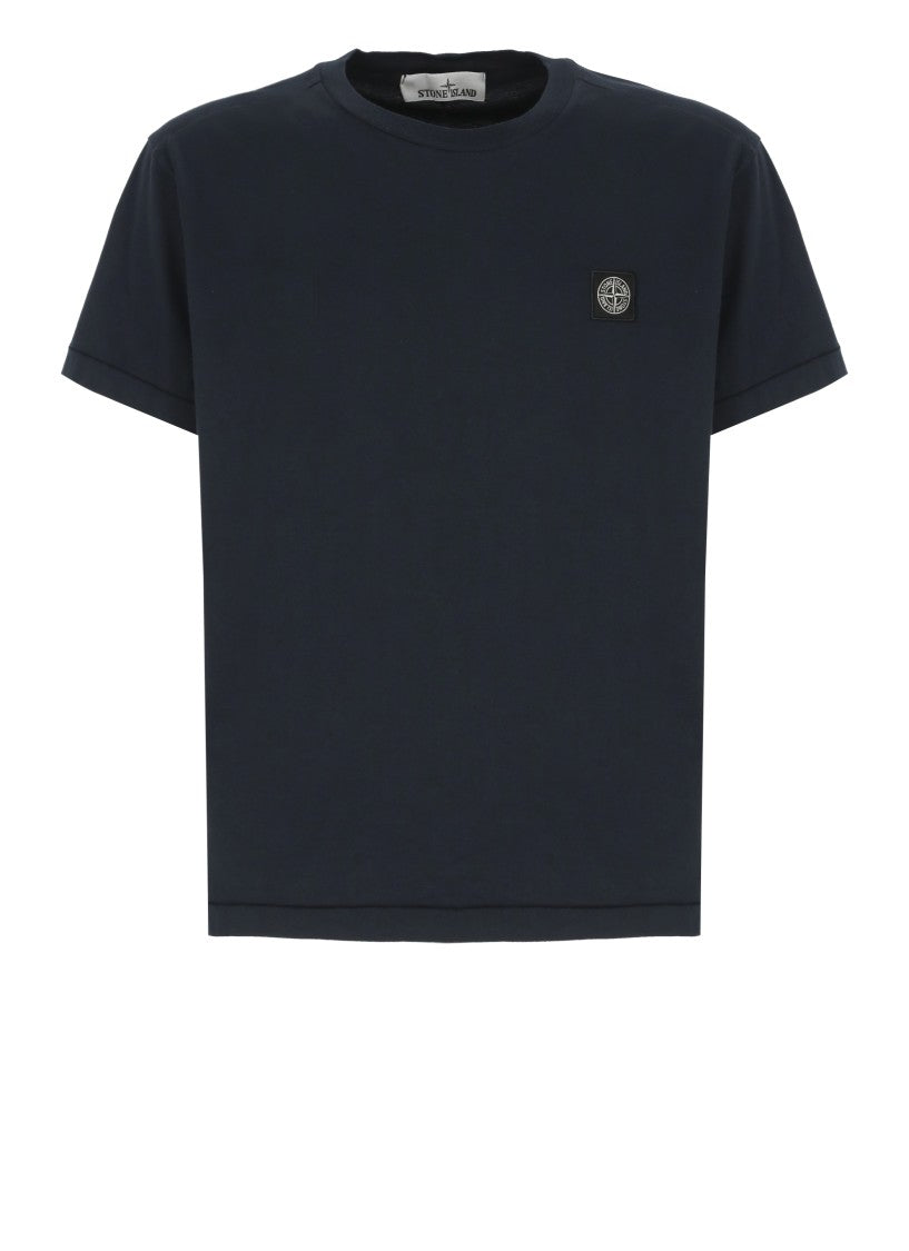 Stone Island Dark Blue Cotton T-Shirt Featuring Iconic Logo Patch