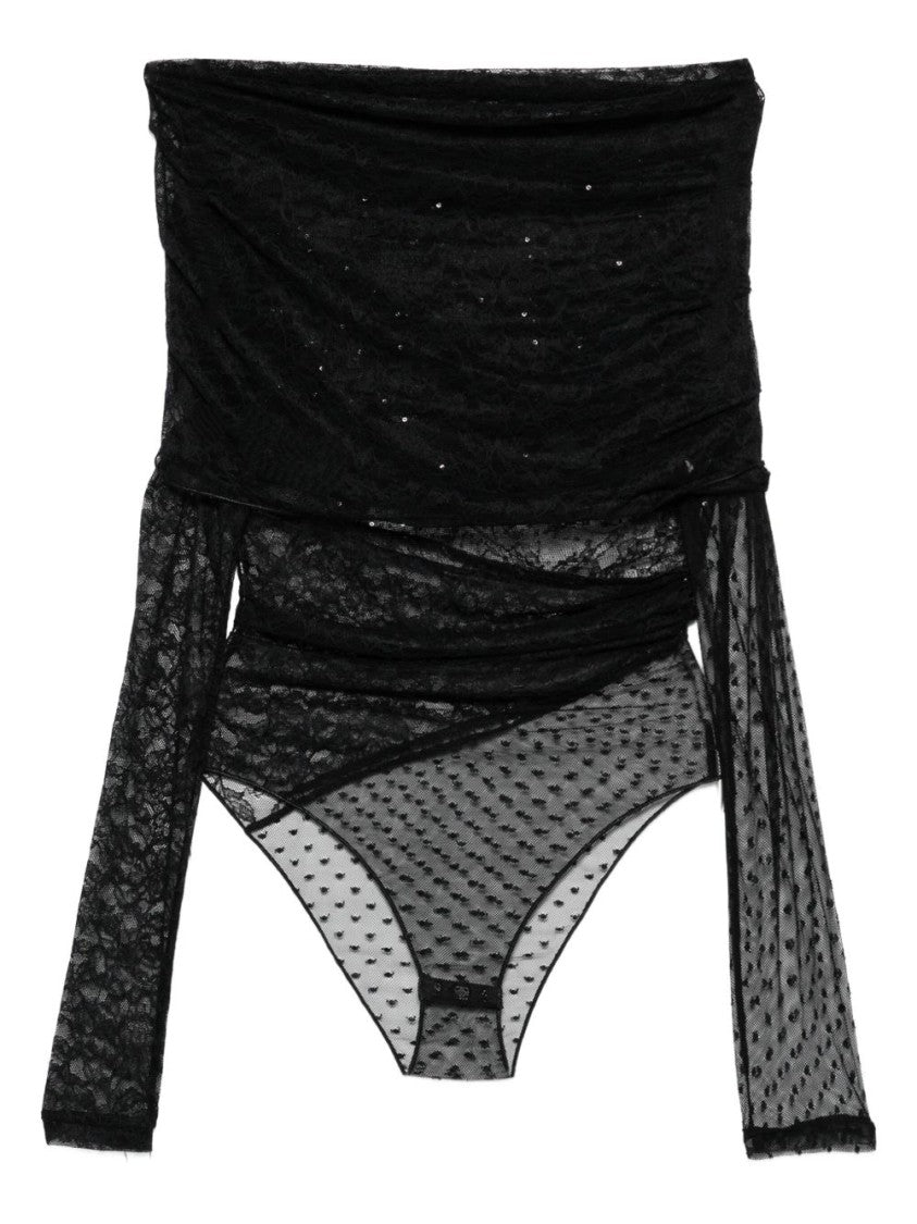 Pinko Sheer Black Off-Shoulder Top With Lace