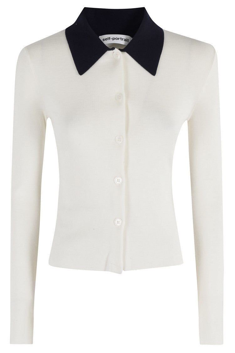 Self-Portrait Cream Merino Wool Cardigan With Polo Collar And Button Closure