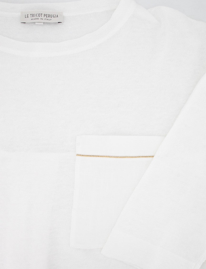 Le Tricot Perugia Relaxed White Sweater With Subtle Chest Pocket