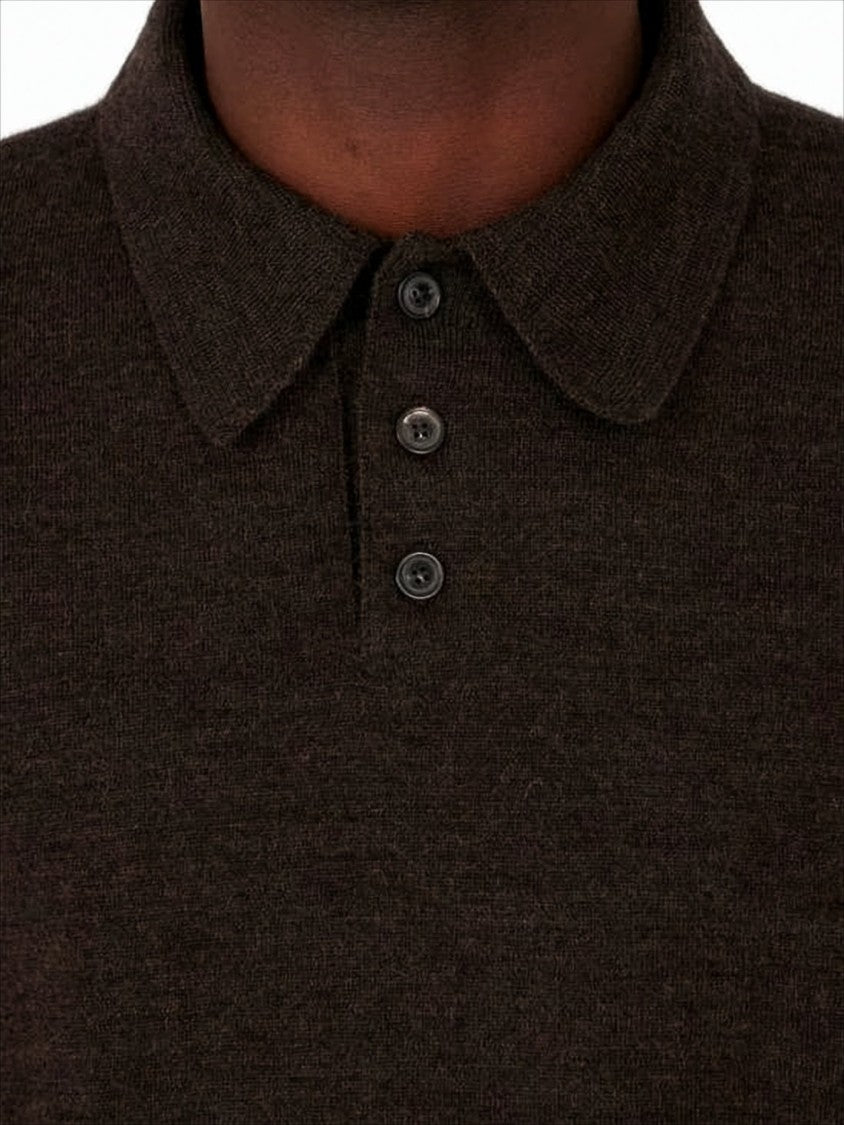 Maison Margiela Dark Brown Wool Knit Polo Sweater With Suede Elbow Patches