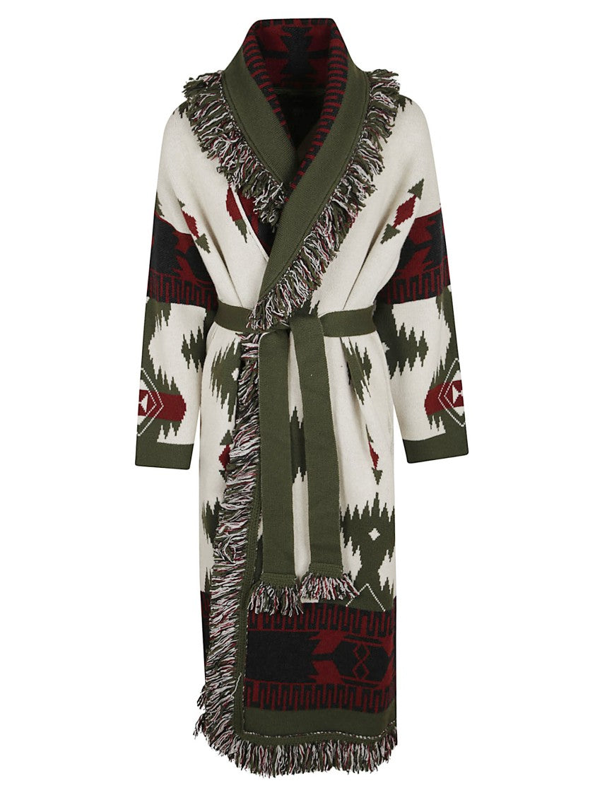 Alanui Geometric Tribal Knit Cardigan With Shawl Collar And Fringe Detailing