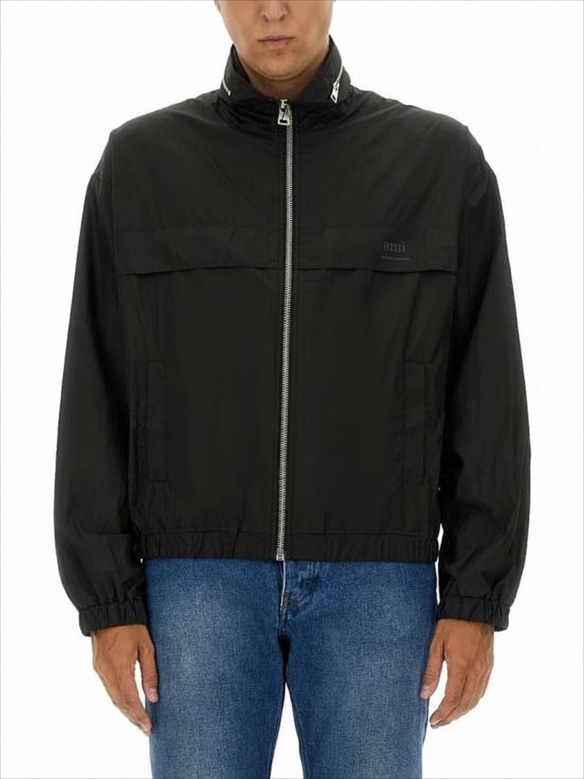 Ami High-Collar Polyamide Jacket With Elastic Hem And Cropped Fit